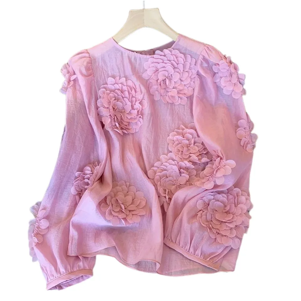 Nuovo design delle donne coreane di moda o-collo manica lunga fiori 3D patchwork colore rosa camicetta camicetta top SMLXLXXL