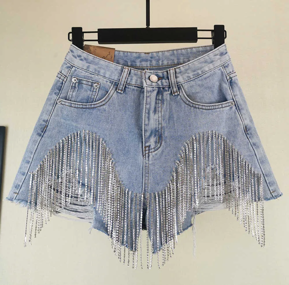 Women S Heavy Rhinestone Fringed Hole Jeans Female High Waist Summer Fashion Wide Leg Denim Shorts