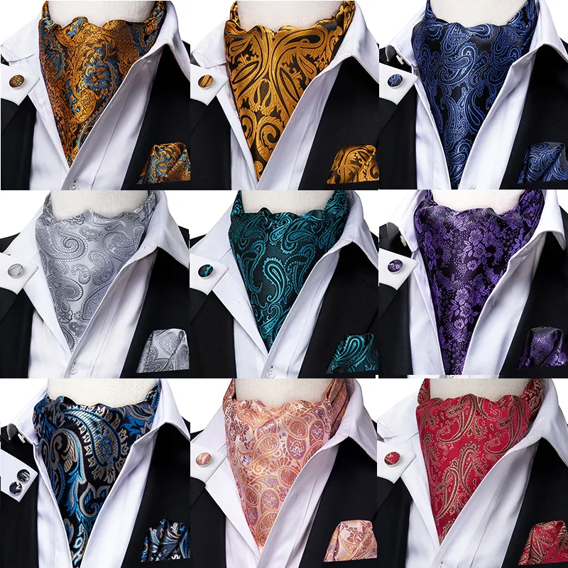 Neckband Hi-Tie Fashion Men's Cravat Set Luxury Floral Paisley Cravat Tie Men 100% Silk Red Blue Pink Ascot Pocket Square Cravat For Men 230607