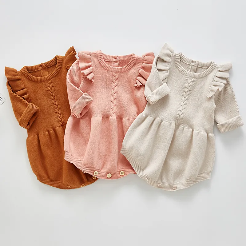 Rompers Baby Girls Knitted Bodysuit Spring Infant born Long Sleeve Solid Ruffled Jumpsuit Outfit Set Baby Spring Autumn Clothing 230606