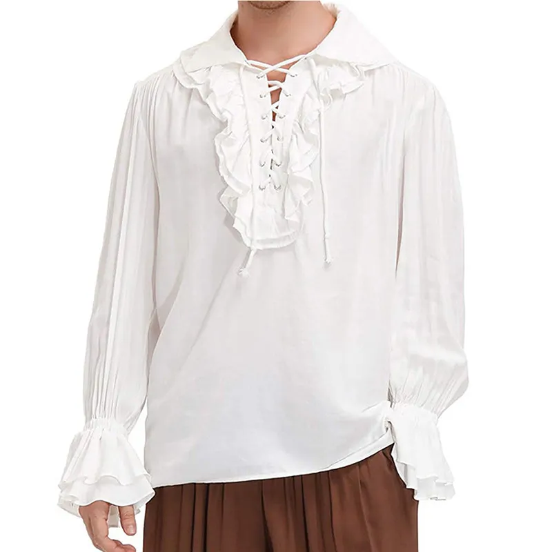 Blanc à lacets volants col rabattu manches évasées médiéval Renaissance Vintage Pirate chemise gothique haut vêtements victoriens