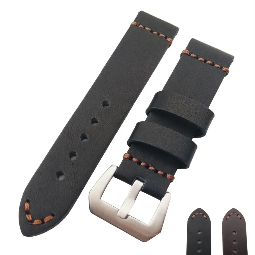 Nova pulseira de relógio de couro genuíno HQ preta ou marrom grossa 22mm 24mm 26mm271p