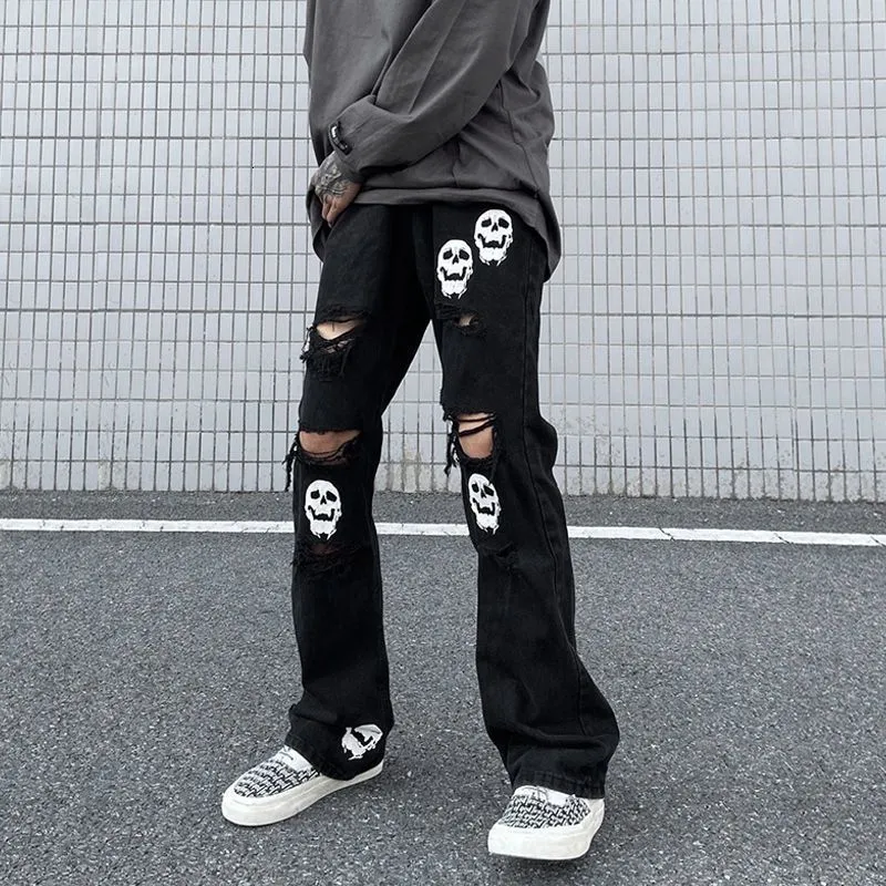 Men's Jeans American Vintage Men Skinny Ripped Jeans Y2k Street Fashion Skull Print Black Jeans Women High Waist Straight Cargo Pants Denim 230607