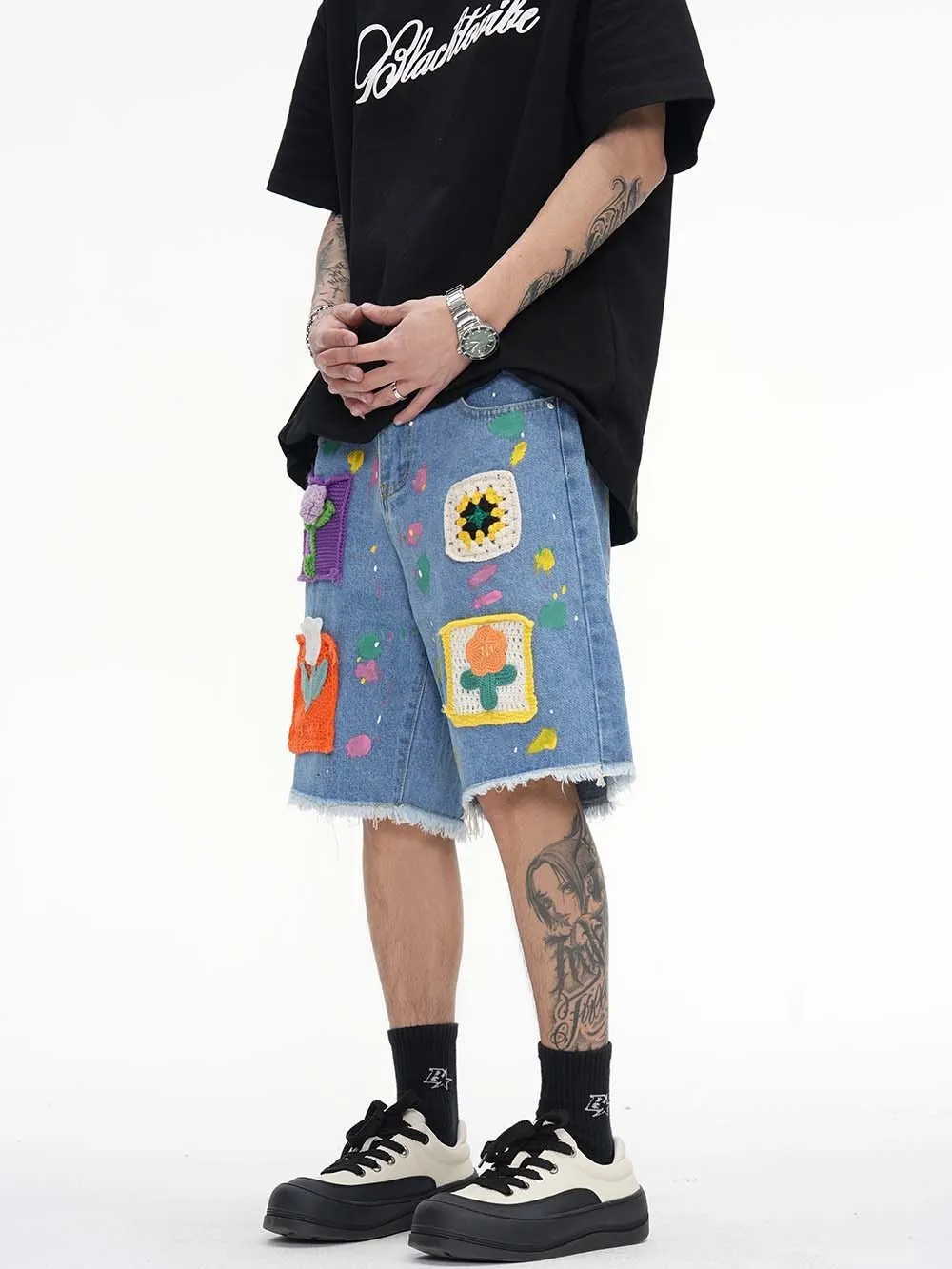 Graffiti Denim Cargo Shorts: Mens Y2K Vibe Jeans, Unisex