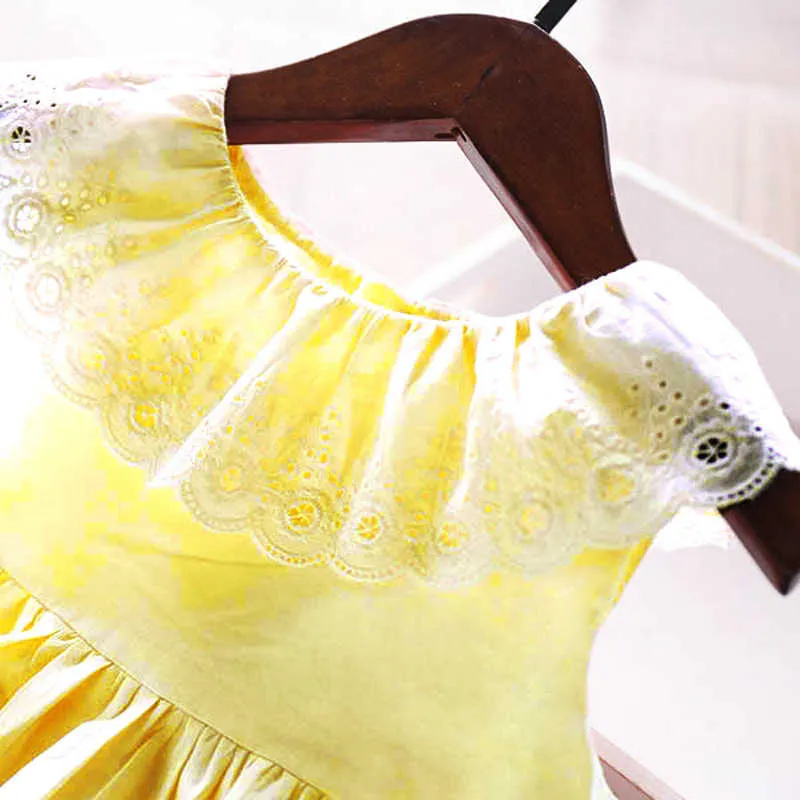 Платья для девочек, новое летнее желтое платье для девочек, детское хлопковое платье принцессы с рюшами и круглым вырезом без рукавов, одежда для маленьких девочек WT753