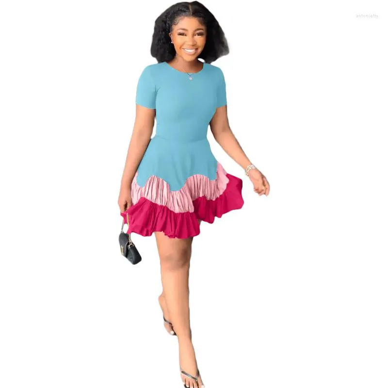 Etniska kläder afrikanska klänningar för kvinnor 2023 sommar elegant kort ärm o-hals polyester svart rosa orange miniklänning s-3xl