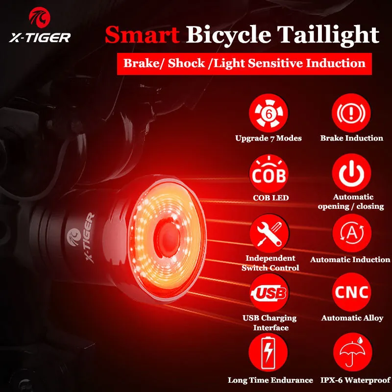 Cykelbelysningar x tiger bakljus IPX6 Vattentät LED -laddning av cykel Smart Auto Bromsavkänning Tillbehör TAILLIGHT 230607