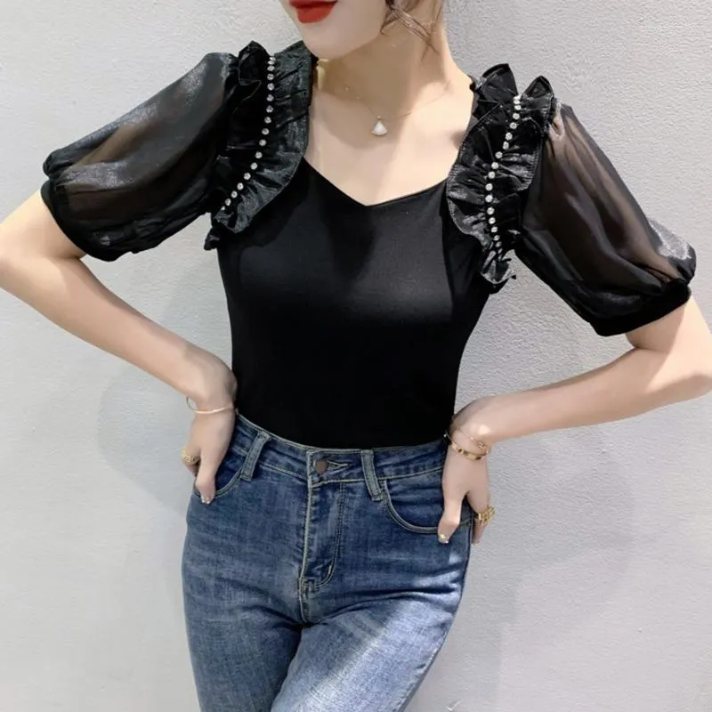 여자 T 셔츠 짧은 슬리브 셔츠 여성 주름 사각형 칼라 꽉 티셔츠 여성 섹시한 한국 스타일 여름 Tshirt