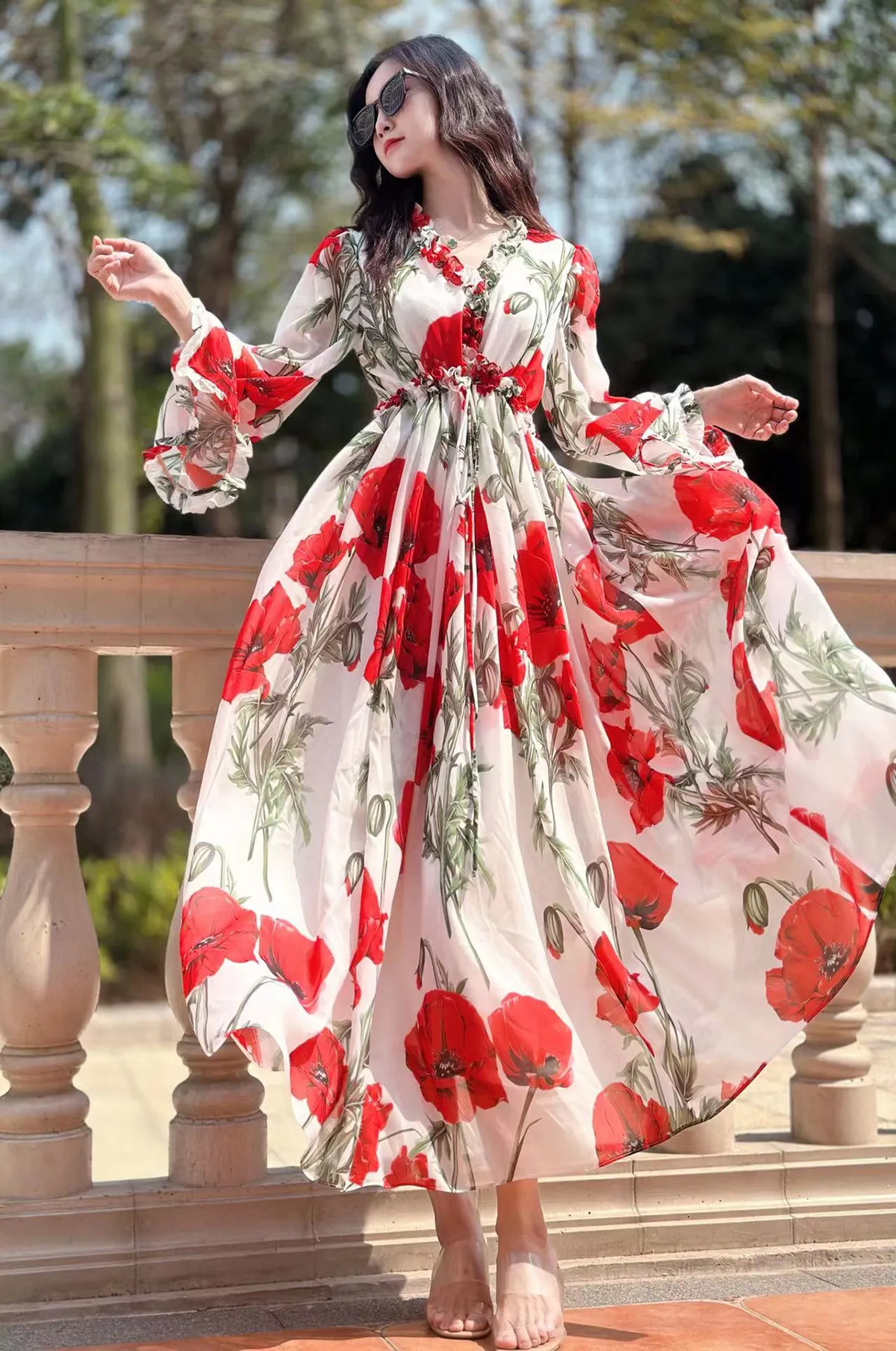 XXL Floral Print Maxi Dress Elegant V-Neck Long Sleeve Red Panel Dress,  Luxury Fashion for Spring/Summer, Plus Size Prom Womens Clothes