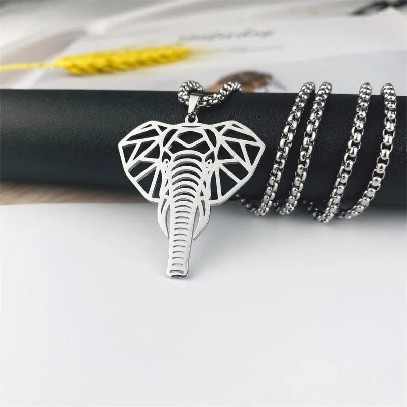 Chains Stainless Steel Elephant Necklace For Women Men Fashion Animal Hollow Geometric Pendant Box Chain Jewelry