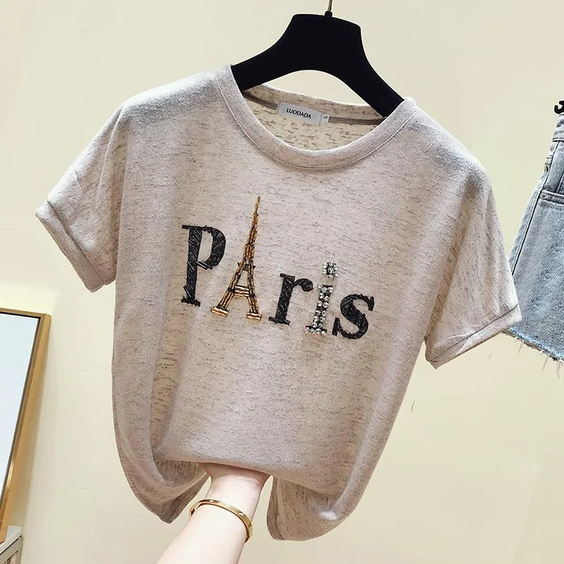 T-shirt Chic Paris Eiffel Tower Beade Tshirt Top Summer Nowe kobiety