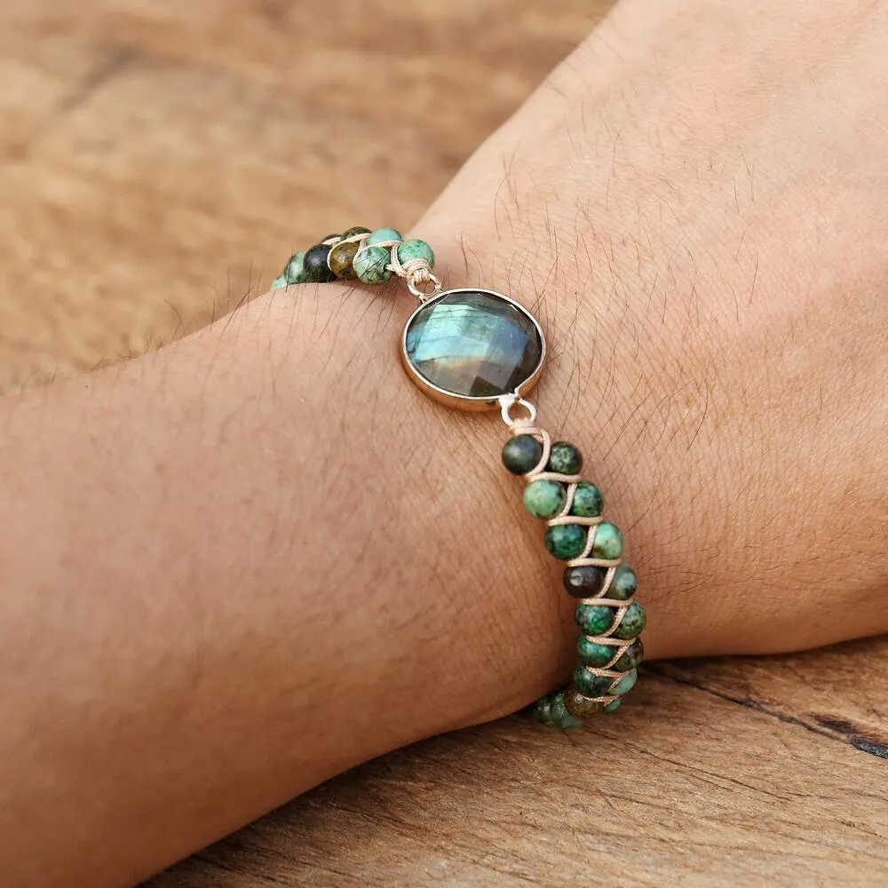 Zincir Doğal Taşlar Labradorite Afrikalı Japser Örgülü Bileklik Kadın Adam El Yapımı Takı Yoga Boho Cazibe Sarma Bileklik Bangle 230606