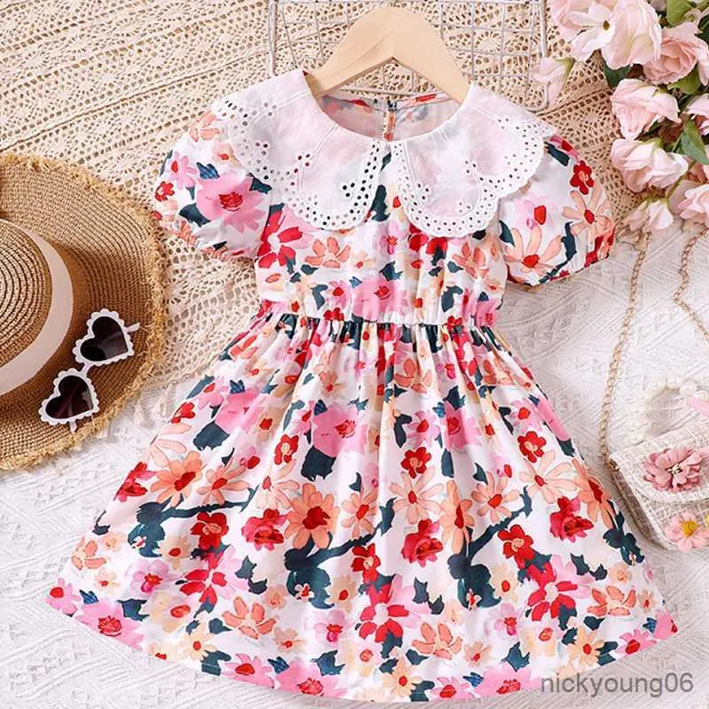 Flickans klänningar 2023 Summer Girls Casual Dress Floral Printing Kirt Doll Collar Cute Toddler Kids Clothes Shortsleeve Costume+Bag R230607