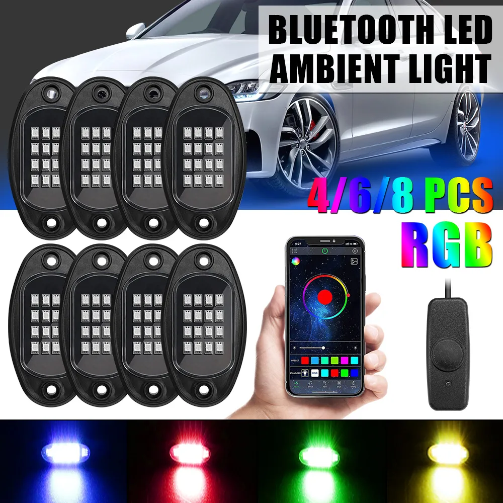 Car LED Rock Lights Music Sync Bluetooth APP Control 8 in 1 RGB Chassis Light Undergolw per Jeep Off-Road Truck Boat SUV