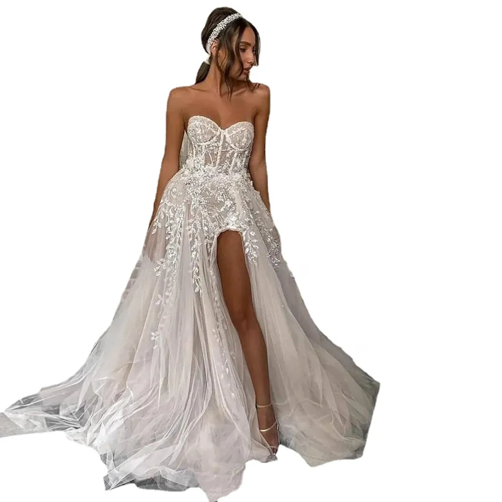 Sexy Beach Boho A Line Wedding Dresses Marriage Bridal Gowns For Bride Elegant Lace Beads Strapless Illusion Sheer Sleeveless High Side Split Princess Plus Size