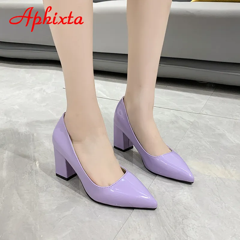 aphixta new 2.9inch Poinded Tou Patent Leather Shoes Women Pumps Purple Colorful Thick Heels Work Toed Toe Heels Plusサイズ50