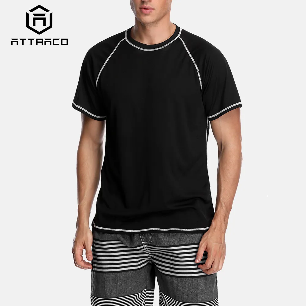 Agasalhos masculinos Attraco Men Rashguard Dry-Fit Short Shirt Men Diving Shirts Surf Rash Guards Top UPF 50 Respirável Rashguard T-Shirt Beach Wear 230607