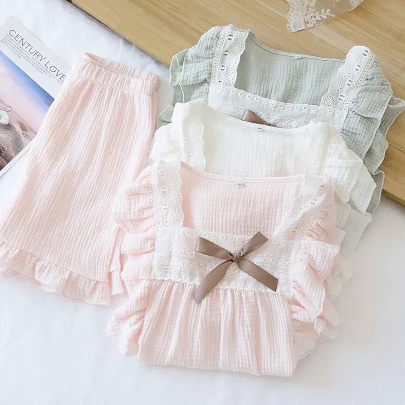 Pajamas Girls Pajamas Set Summer Princess Lace Thin Girls Clothes Indoor Soft Lovely Sweet Kids Sleepwear Medium and Large Children 230606