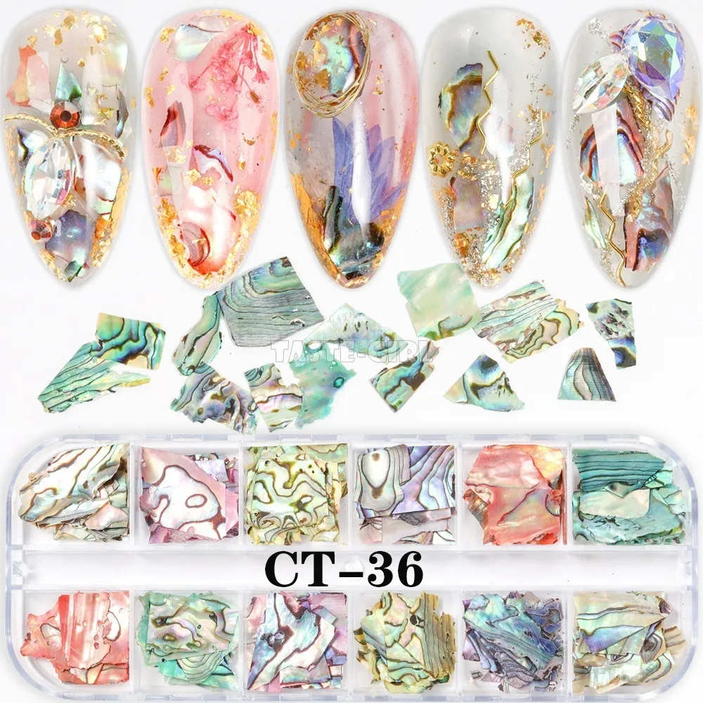 Décorations Nail Art 12 GridsSet Irrégulier Colorchanging Abalone Slice Natural Sea Fragment Paillette Décoration DIY Manucure 230606