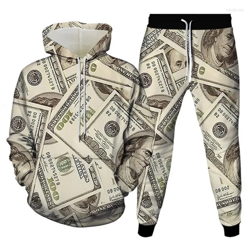 Herrspårsperioder Pokermoney 3D -tryck Herrens träningssatser Fashion Casual Hoodie Pants 2st Overized Pullover Trend Streetwear Man