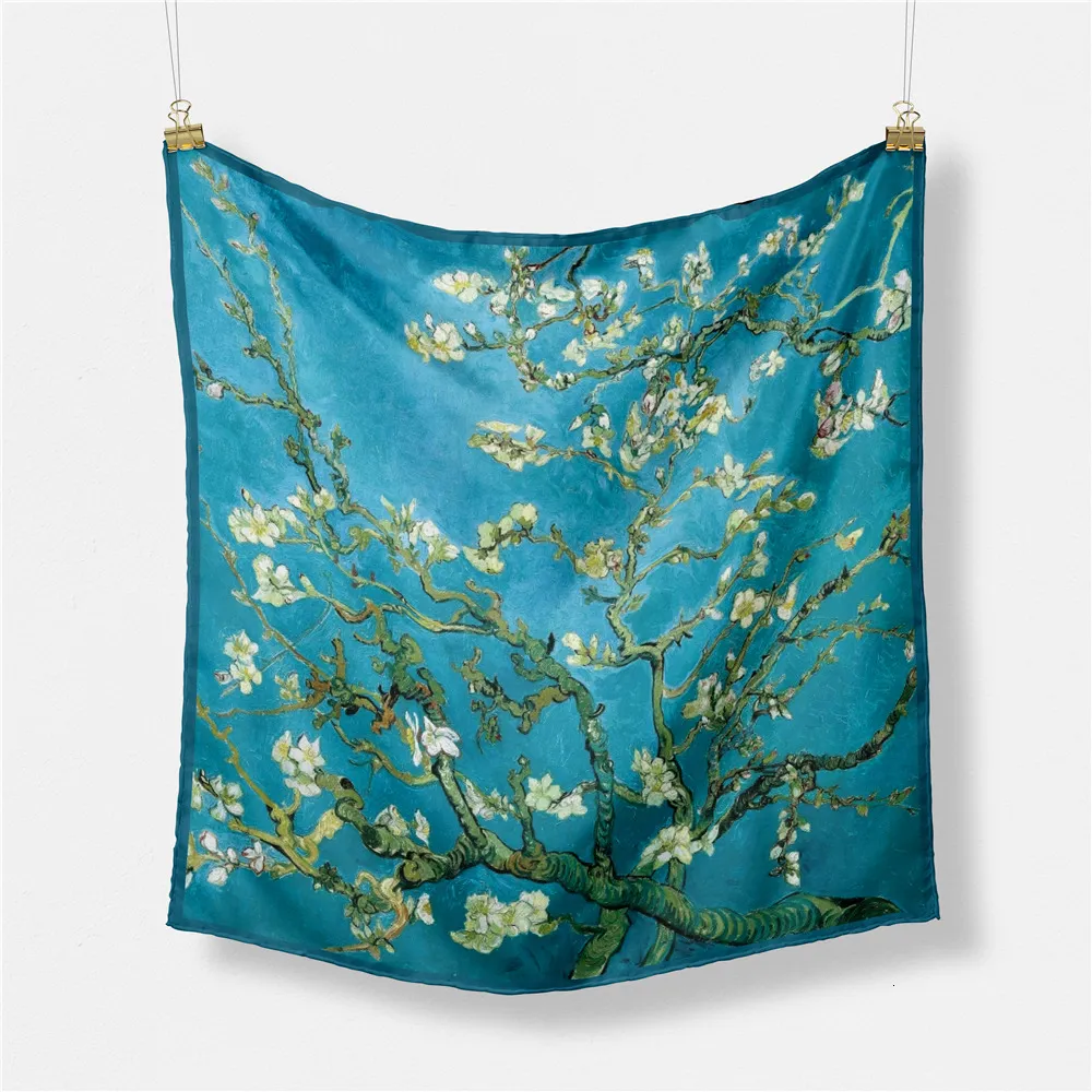 Sarongs Van gogh Pintura al óleo Bufanda de seda Moda Mujer 53 cm Pañuelos cuadrados Cabeza Cuello Corbata Banda Pañuelo profesional 230605