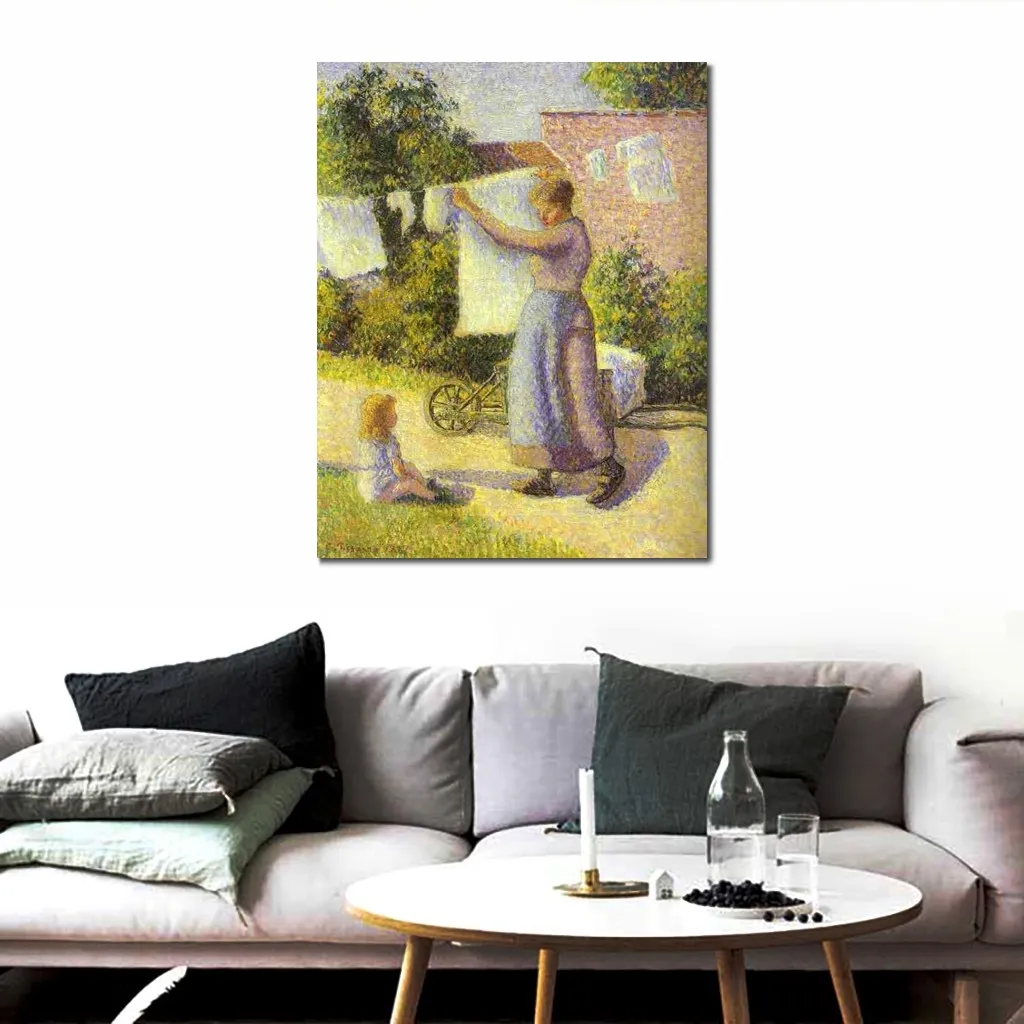 Handmade Canvas Art Woman Hanging up The Washing Camille Pissarro Painting Impressionist Landscape Artwork Bathroom Decor