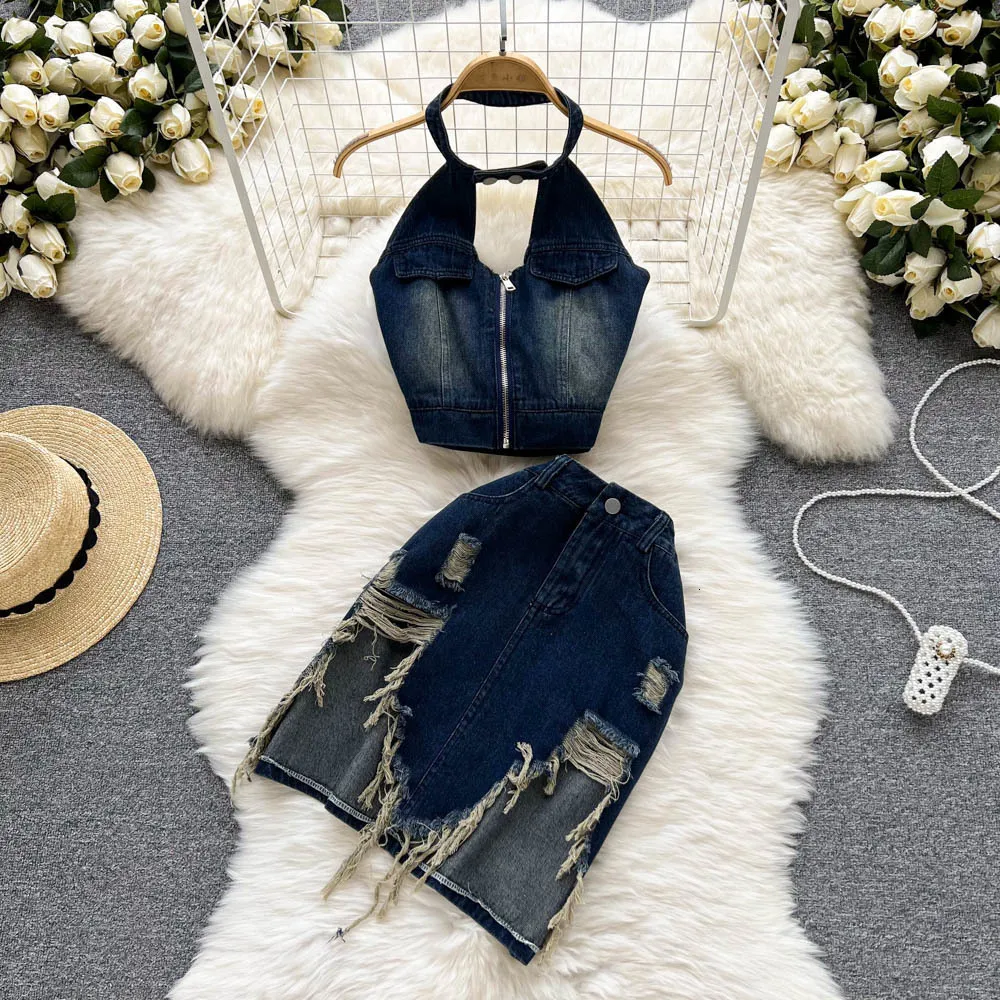 Two Piece Dress Summer Womens Suit Vintage Denim Two Piece Set Halter  Backless Sexy Crop Top And Hole Mini Skirt Sets Womens Outfits 230606 From  Dao02, $27.7 | DHgate.Com