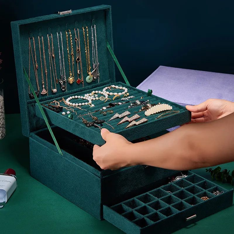 Caixas de joias de flanela premium de 3 camadas organizador de joias caixa colares brincos anéis estojo de armazenamento grande capacidade com trava para mulheres 230606