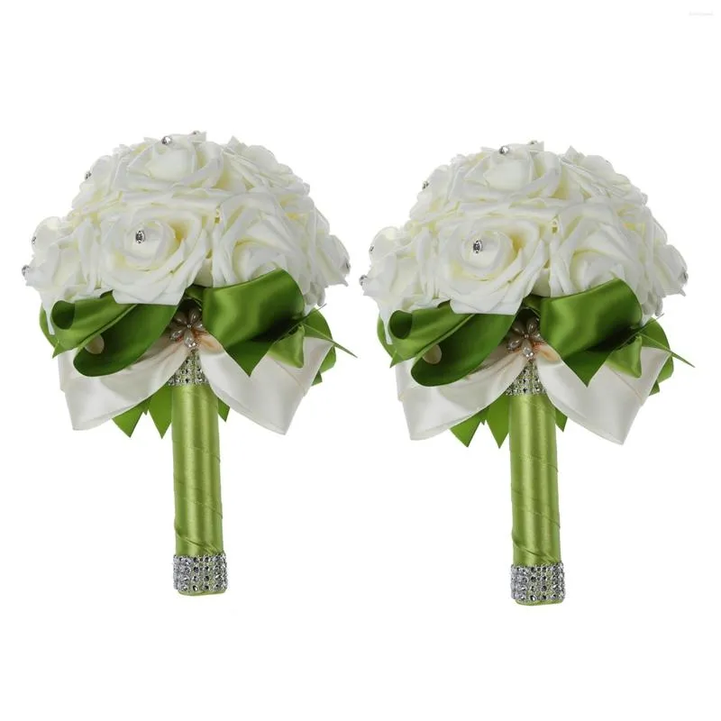 Decorative Flowers 2X Beautiful Wedding Bouquet Bridal Bridesmaid Flower Artificial Rose White Bouquets-Green Ribbon