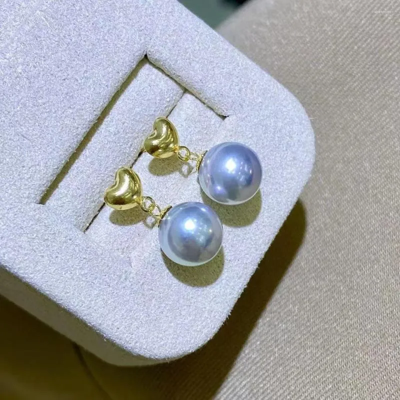 Stud Earrings Real 18K Yellow Gold Heart Earring For Women 7-8mm Round Seawater Akoya Blue Pearl Daily Female Fashion Jewelry