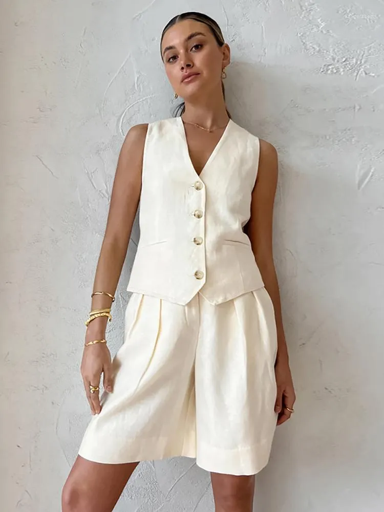 Chándales de mujer Jyate 2023, conjuntos de pantalones cortos de lino Beige de verano, conjunto de 2 piezas para mujer, chaleco ajustado elegante con cuello en V liso, trajes de pierna ancha de algodón a la moda