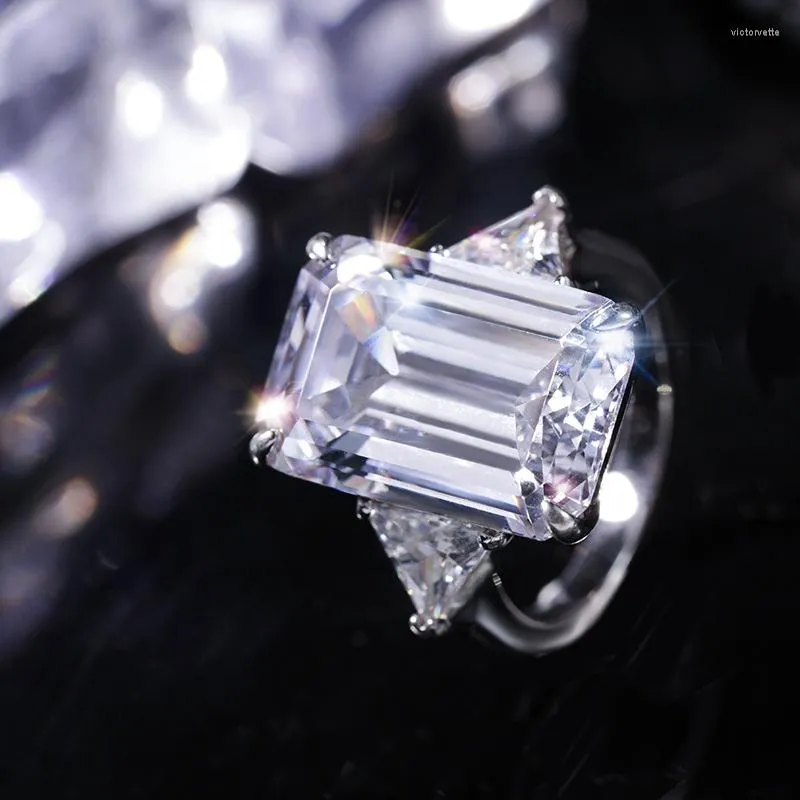 Cluster Rings S925 Silver Ring Emerald Cut Rectangular Diamond Fairy Temperament Wedding 10 14mm