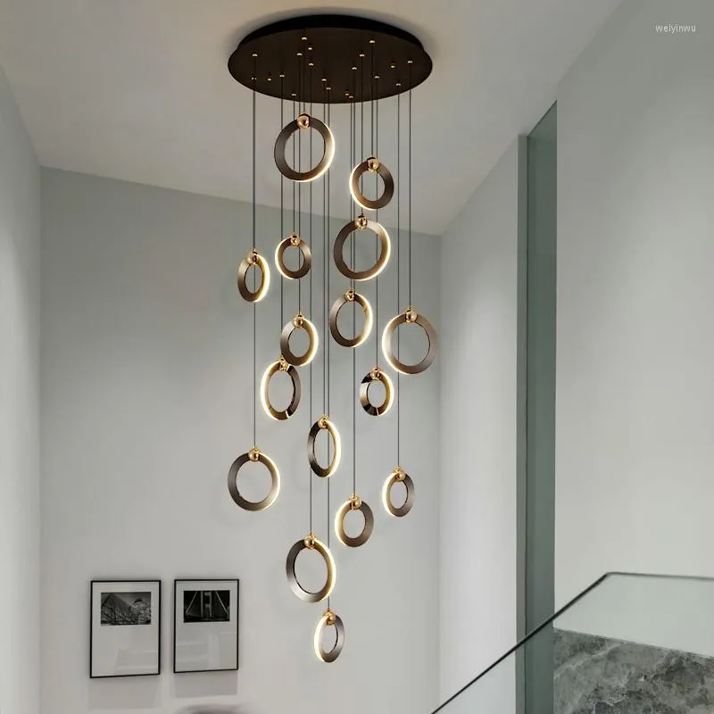 Lustres Luz LED Art Lustre Candeeiro Pingente Duplex Escada Giratória Sala de Jantar Anéis de Alumínio Moderno Luxo Villa Lobby