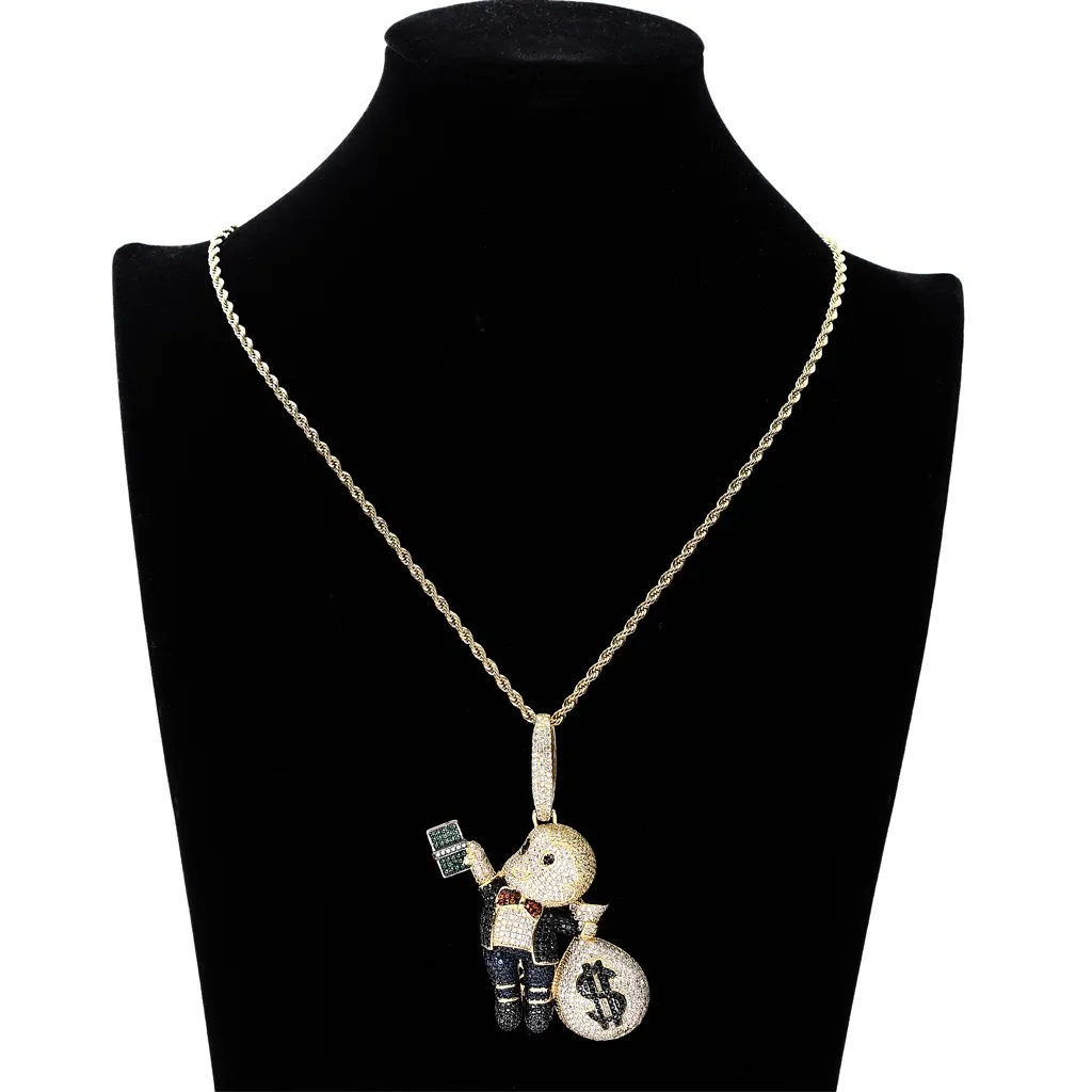 Large Size High Quality Brass CZ stones Cartoon Money Bag pendant Hip hop Necklace Jewelry Bling Bling Iced Out CN044B