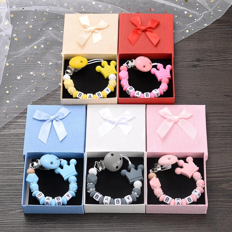 Baby Teethers Toys Boxed Personalized Name Baby Nipple Clips Silicone Beaded Soother Pacifier Chains DIY Nursing Toys Anti-Drop Dummy Holder Chain 230606