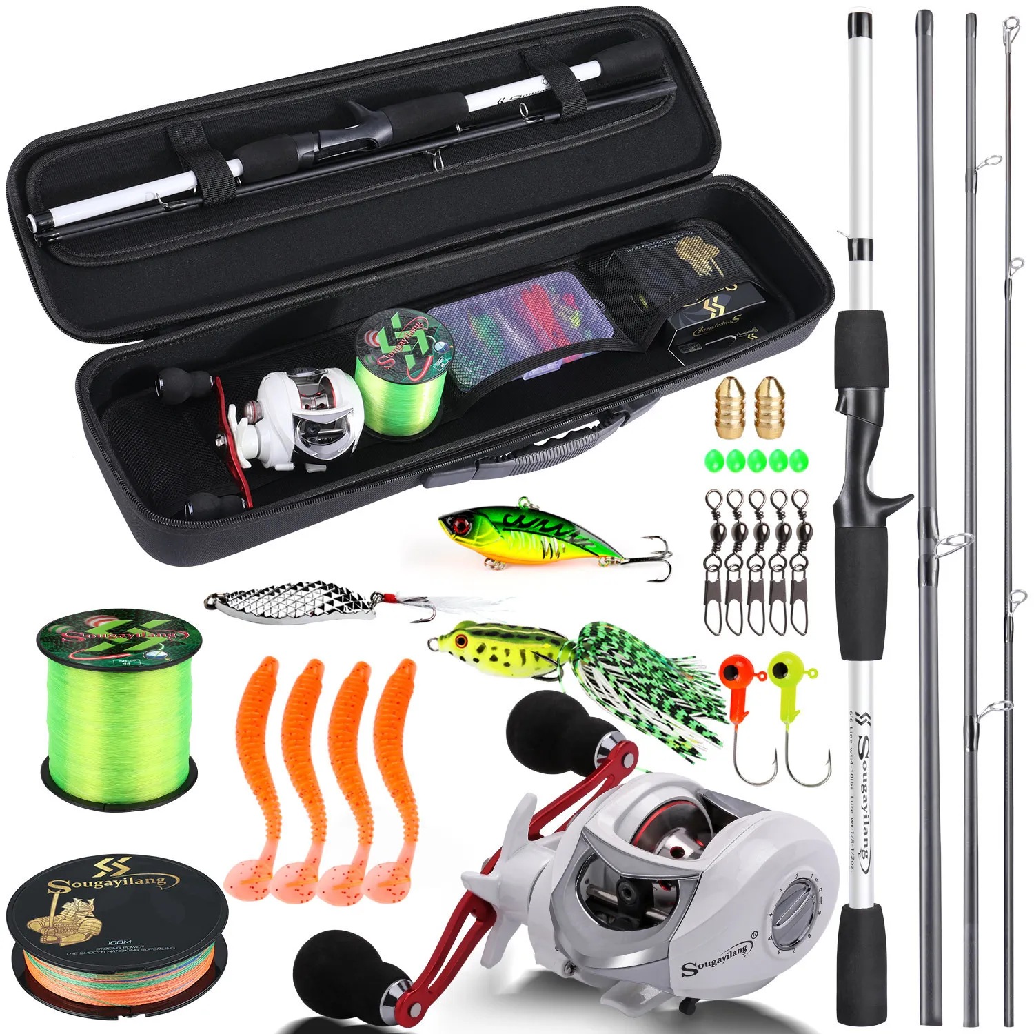 Rod Reel Combo Sougayilang 1,98m gjutstång och rulle Full Kit 4 Avsnitt M Power Kolfiskspost 500 m fiskelinjelurer Krokar som bär påse 230607