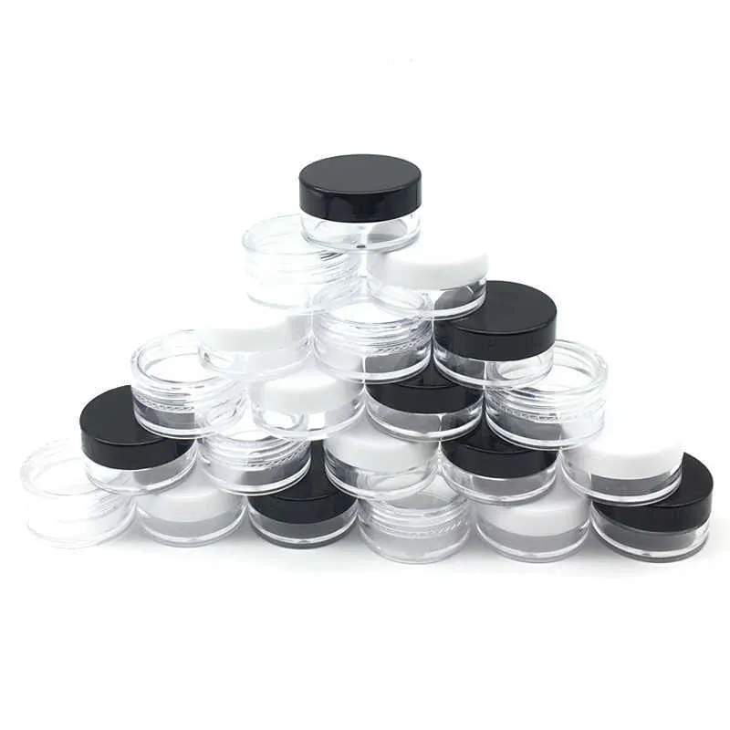 Frasco pequeno de 50 unidades de 2 gramas para maquiagem, amostra de cosméticos, recipiente vazio, tampa redonda de plástico, com tampa transparente preta e branca O25D