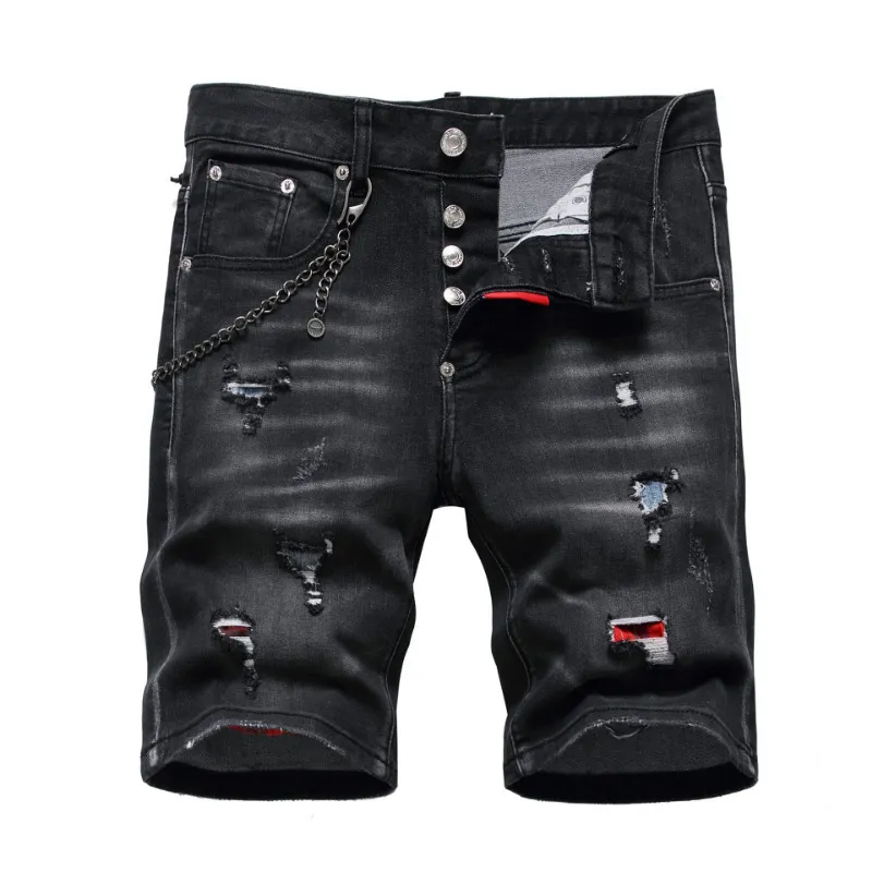 Мужские джинсы, мужские черные джинсовые шорты, летние дырявые мужские эластичные рваные шорты, размер 44 230606