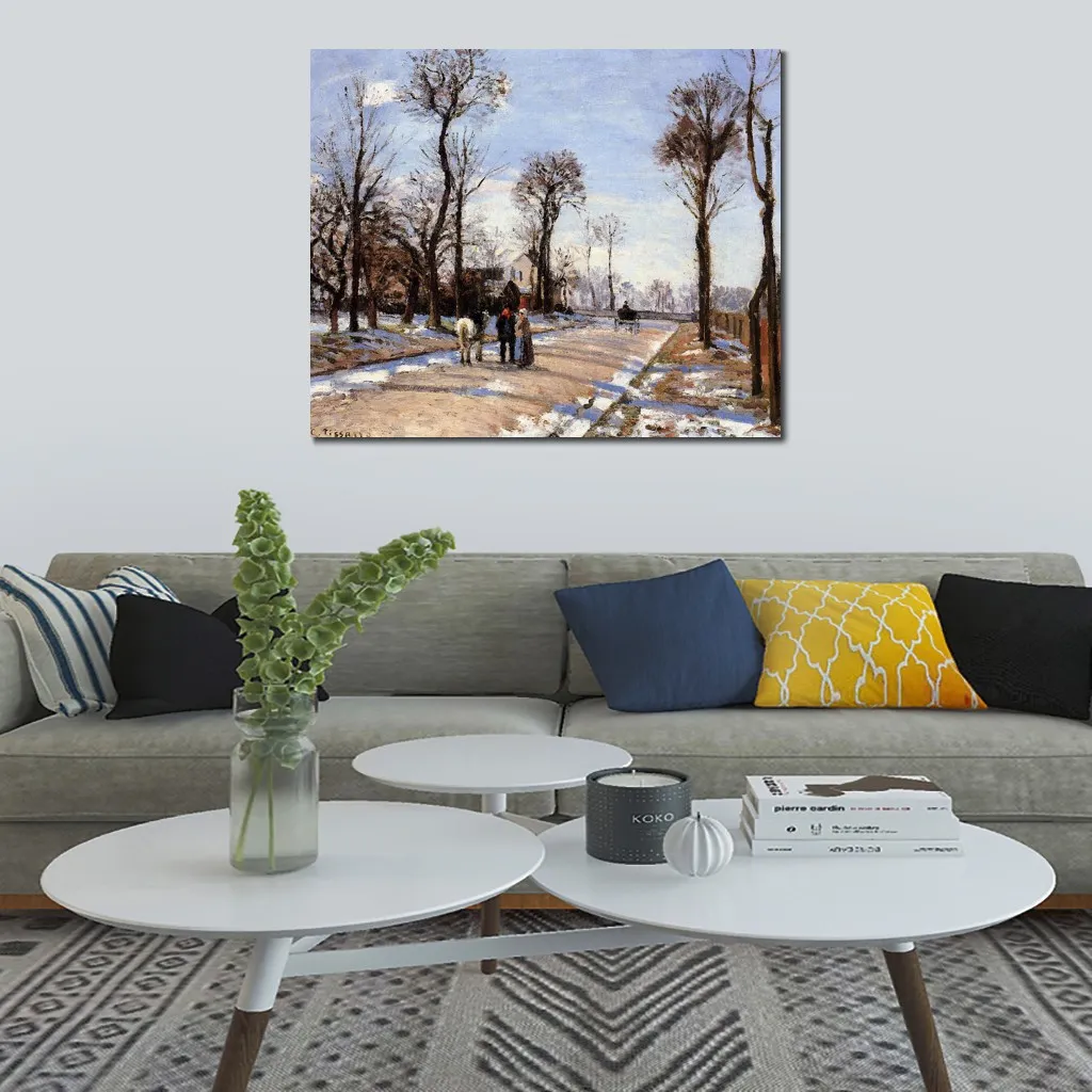 Impressionistische Landschafts-Leinwandkunst, Straße, Winter, Sonnenlicht und Schnee, Camille Pissarro, Gemälde, handgefertigtes Kunstwerk für die Hotellobby