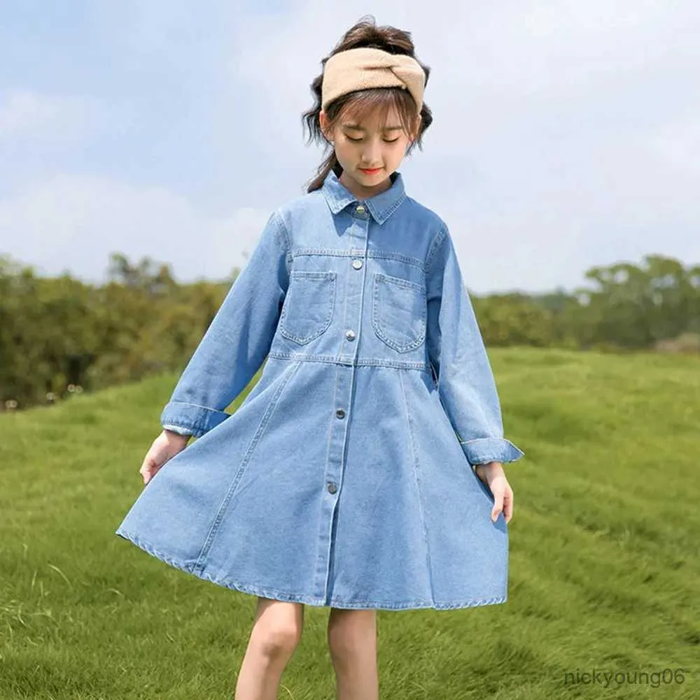 Robes pour filles printemps Teeange enfants robe en jean pour filles bleu col rabattu à manches longues avec ceinture 4-15 ans fille vêtements R230607