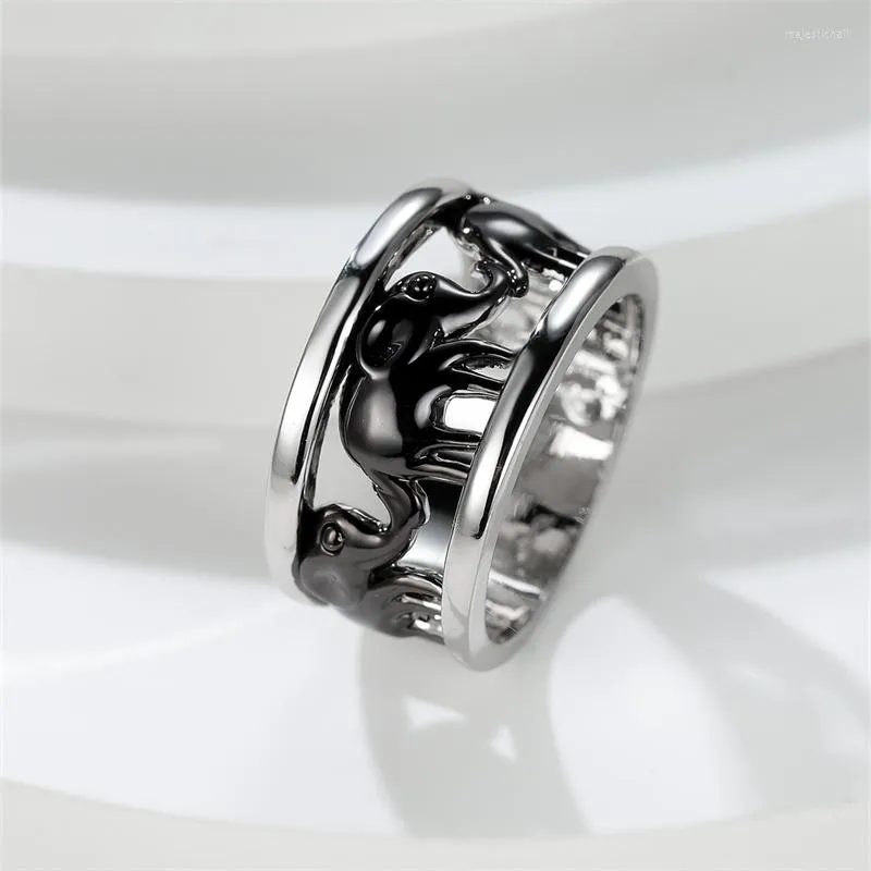 Wedding Rings Bicolor Black Elephant For Men Women Silver Color Cute Animal Cocktail Ring Bands Party Couple Male Jewelry
