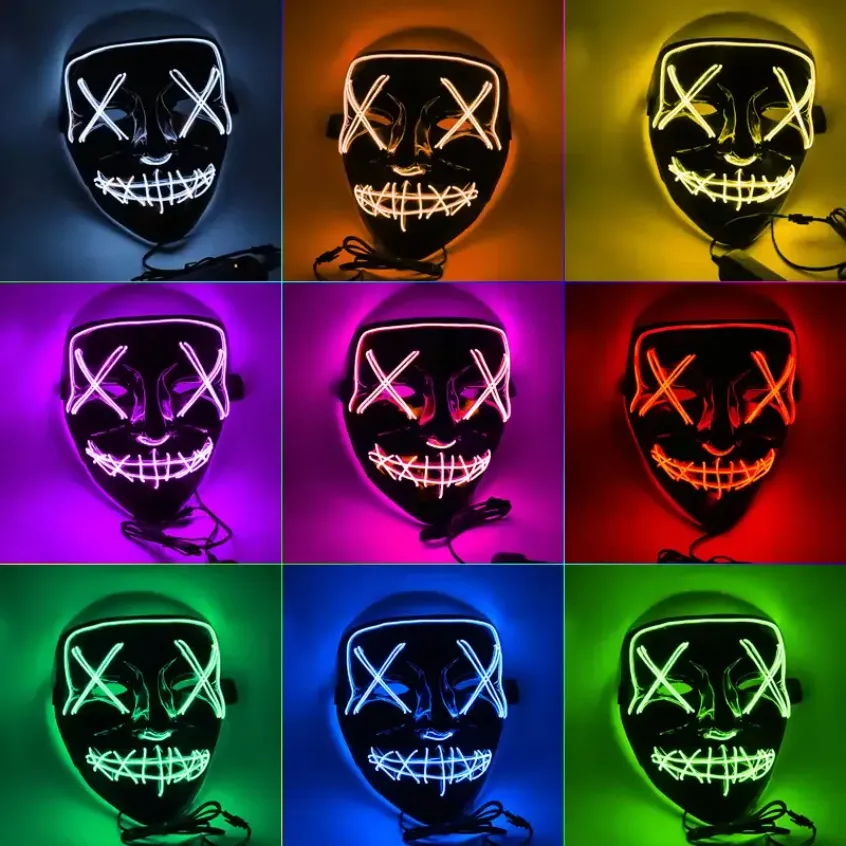Maschere horror di Halloween Maschera luminosa a LED V Maschere di spurgo Costume elettorale DJ Party Light Up Masks Glow In Dark 10 colori JN07