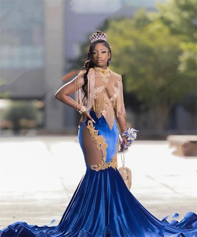 Royal Blue Mermaid Prom Dress: Tassel Appliques, Sweetheart