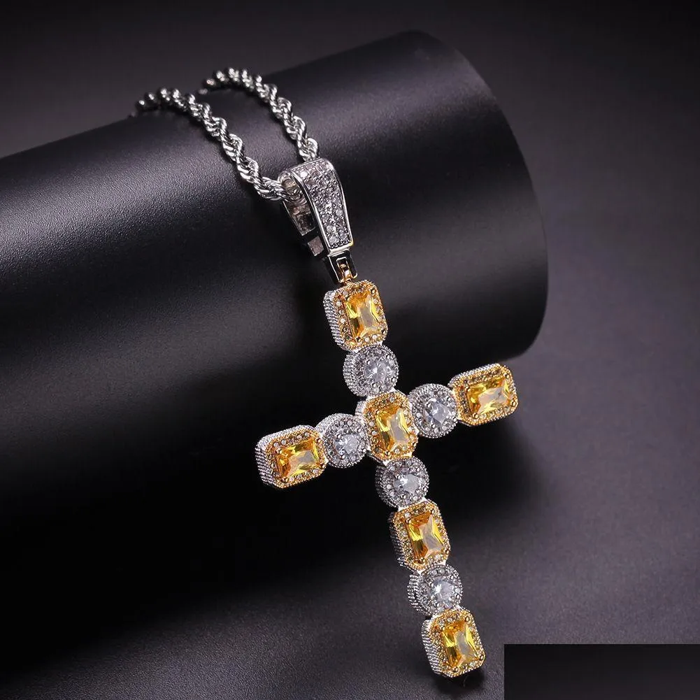 Pendant Necklaces Real Gold Plated Iced Out Colorf Cz Cubic Zirconia Cross Chain Necklace Designer Luxury Fl Diamond Hip Hop Rapper Dh1Ii