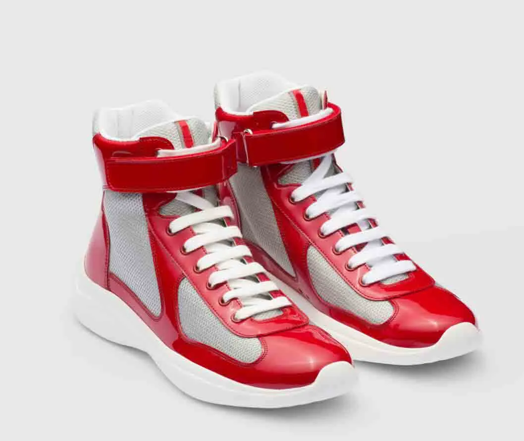 Luxury Men's Casual Shoes American Cup Bike High Top Sneaker Red Patent Leather Outdoor Fashion Sports Runner Lace Up Trainers Designer Män med ruta 38-46EU