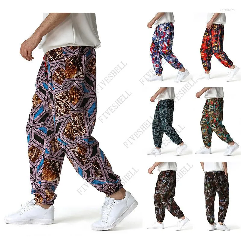 Calça masculina Moda Estampa de Linho Baggy Harém Men Japonês Streetwear Joggers Harajuku Calça de Moletom Jogging Casual Pantalones