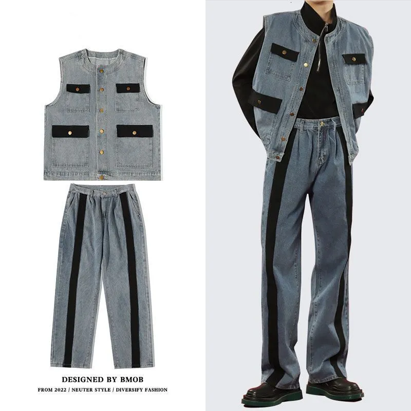 Mäns kostymer blazers houzhou herrvaror denim 2-stycken set mäns lapp kappa jeans byxor+väst ärmlös casual koreansk gata mode hip hop