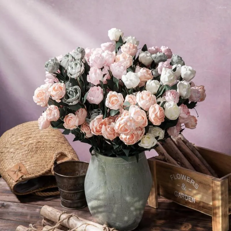 装飾的な花5pcs人工バラの花6ヘッドペーウェディングホームデコレーションのための長い花束偽のdiy花輪用品