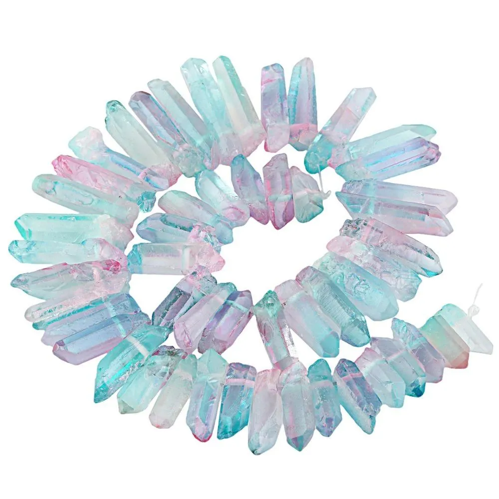 Beads TUMBEELLUWA Pink Blue Titanium Coated Quartz Crystal Points Drilled Sticks Spikes 16 inch Strand