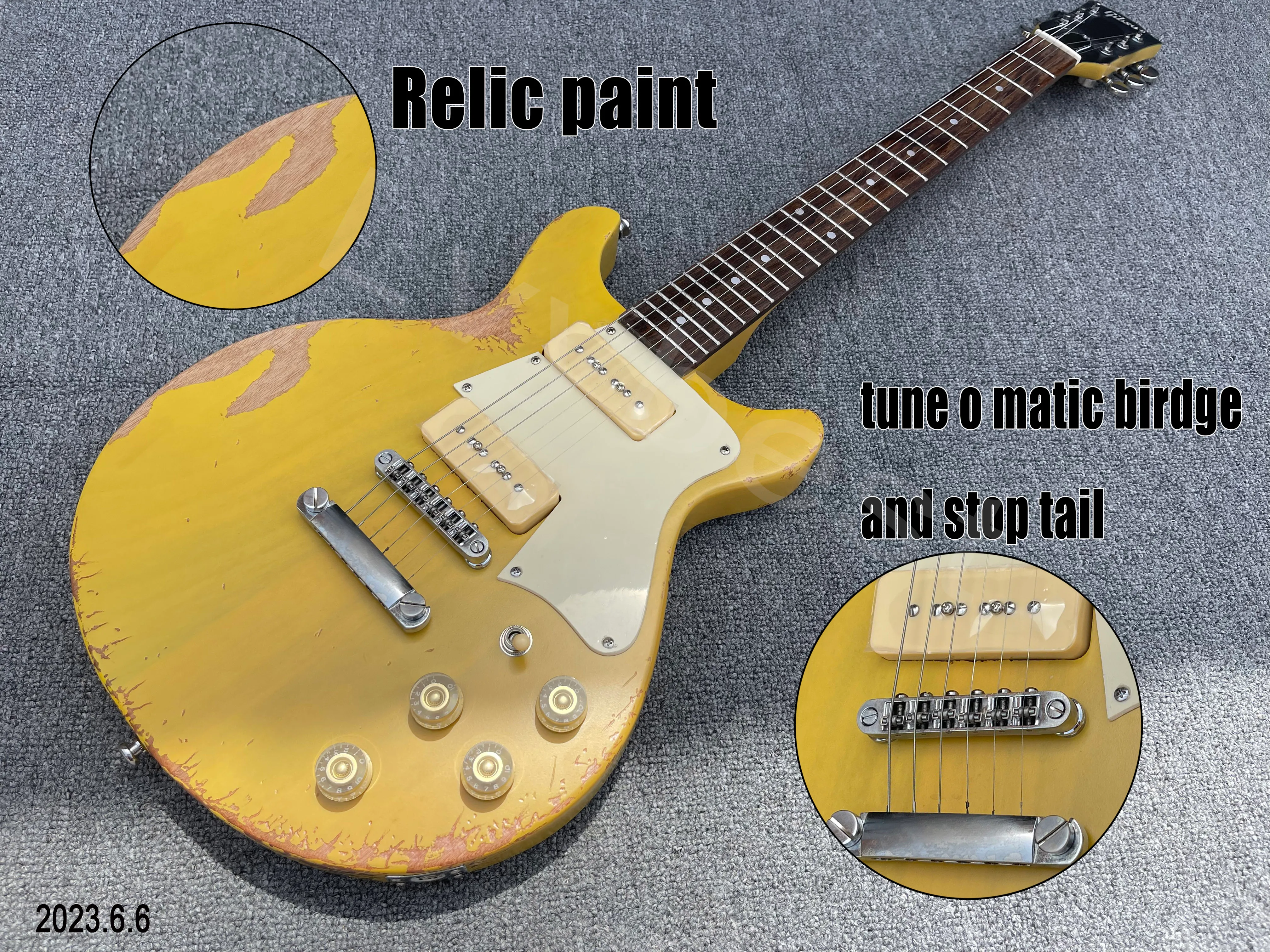 Guitarra Elétrica Cor Creme Ver Através da Relíquia de Grão de Madeira Pintura P90 Captadores Creme Peças Cromadas Tune O Matic Bridge And Stop Tail Ag